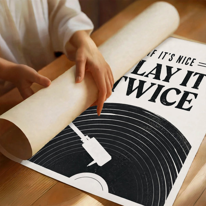 Play It Twice Music Art Print featuring curved vinyl grooves and a contrasting white turntable needle