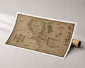 Parchment fantasy map print on white page with ornate crest and compass rose