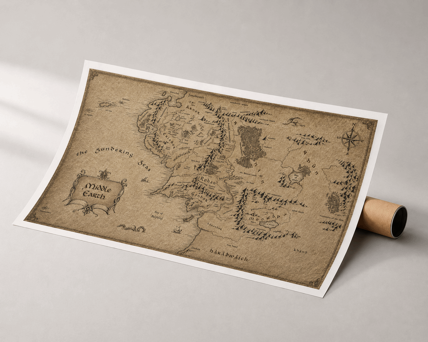 Parchment fantasy map print on white page with ornate crest and compass rose
