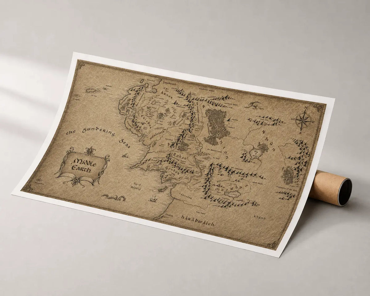 Parchment fantasy map print on white page with ornate crest and compass rose