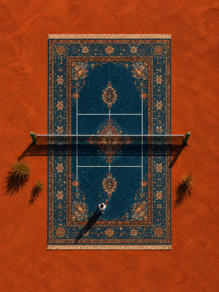 Blue prayer rug motif and suspended figure on a burnt orange geometric field