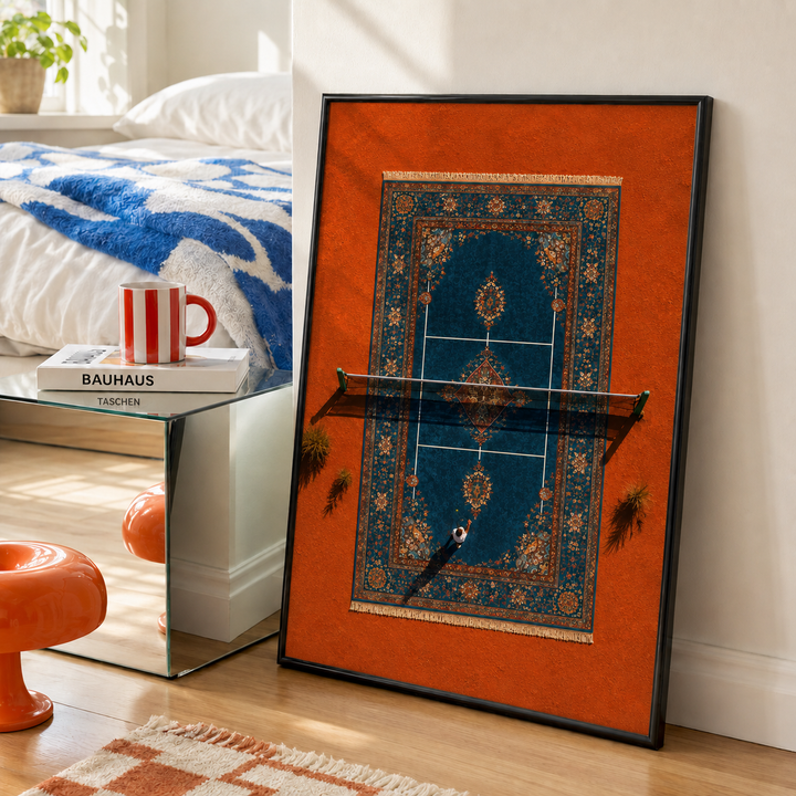 Prayer rug geometric Islamic wall art in a contemporary room