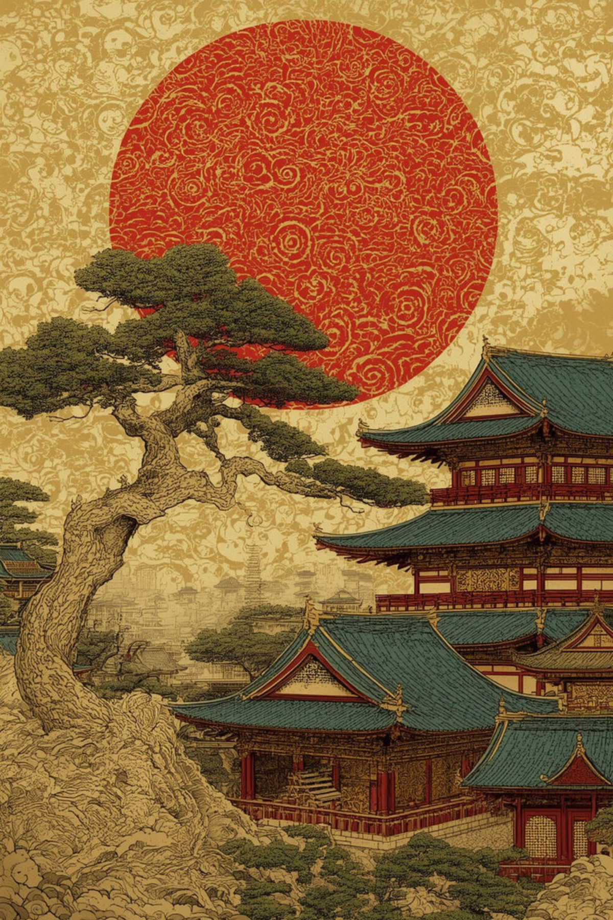 Sol escarlata sobre Kioto - Lámina japonesa