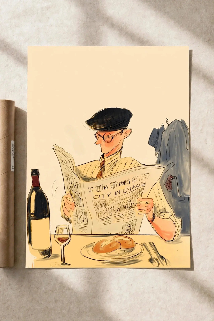 The Daily Table poster print with illustrated man reading newspaper at table