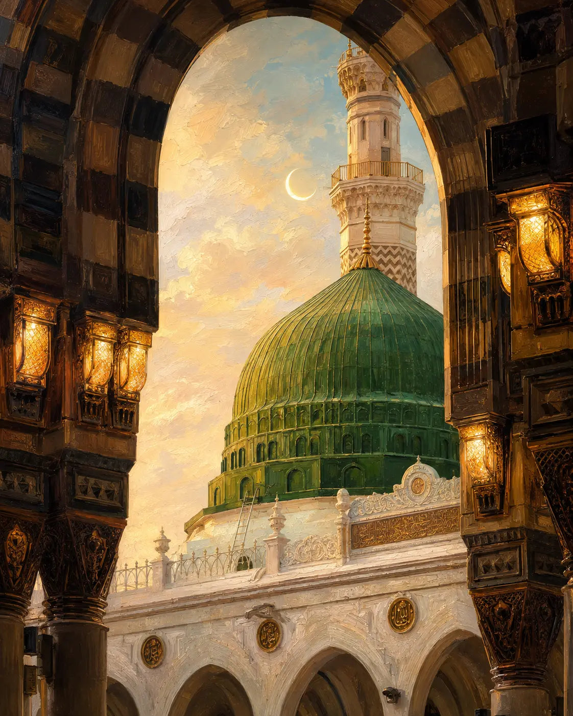 Wall art close-up of arched interior with green dome and golden lamps.