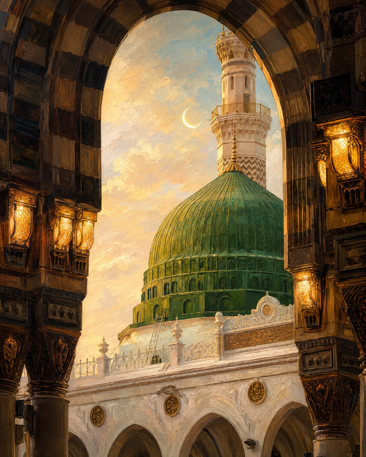 Green Dome and minaret in Medina framed by elegant architectural arches