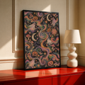 Framed Halloween poster with ghost, pumpkins, crescent moons, and swirly psychedelic pattern.