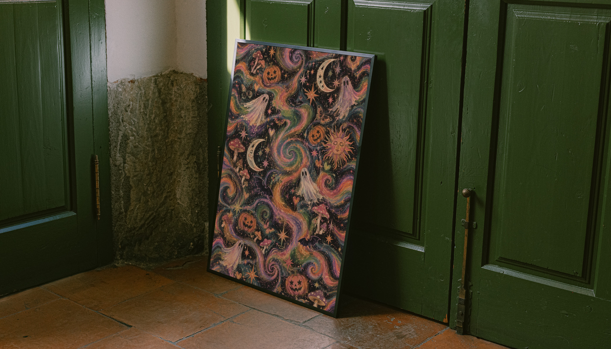Halloween poster leaning against green doors, with ghost, pumpkins, crescent moons, and swirls.