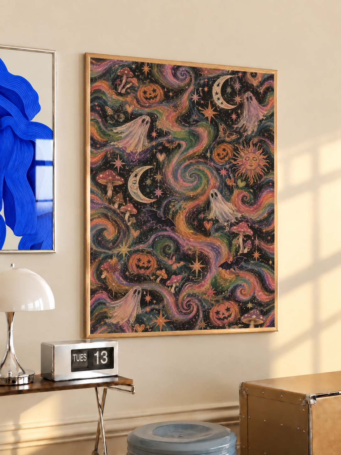 Framed Halloween poster featuring a ghost, pumpkins, crescent moons, and swirling psychedelic art.