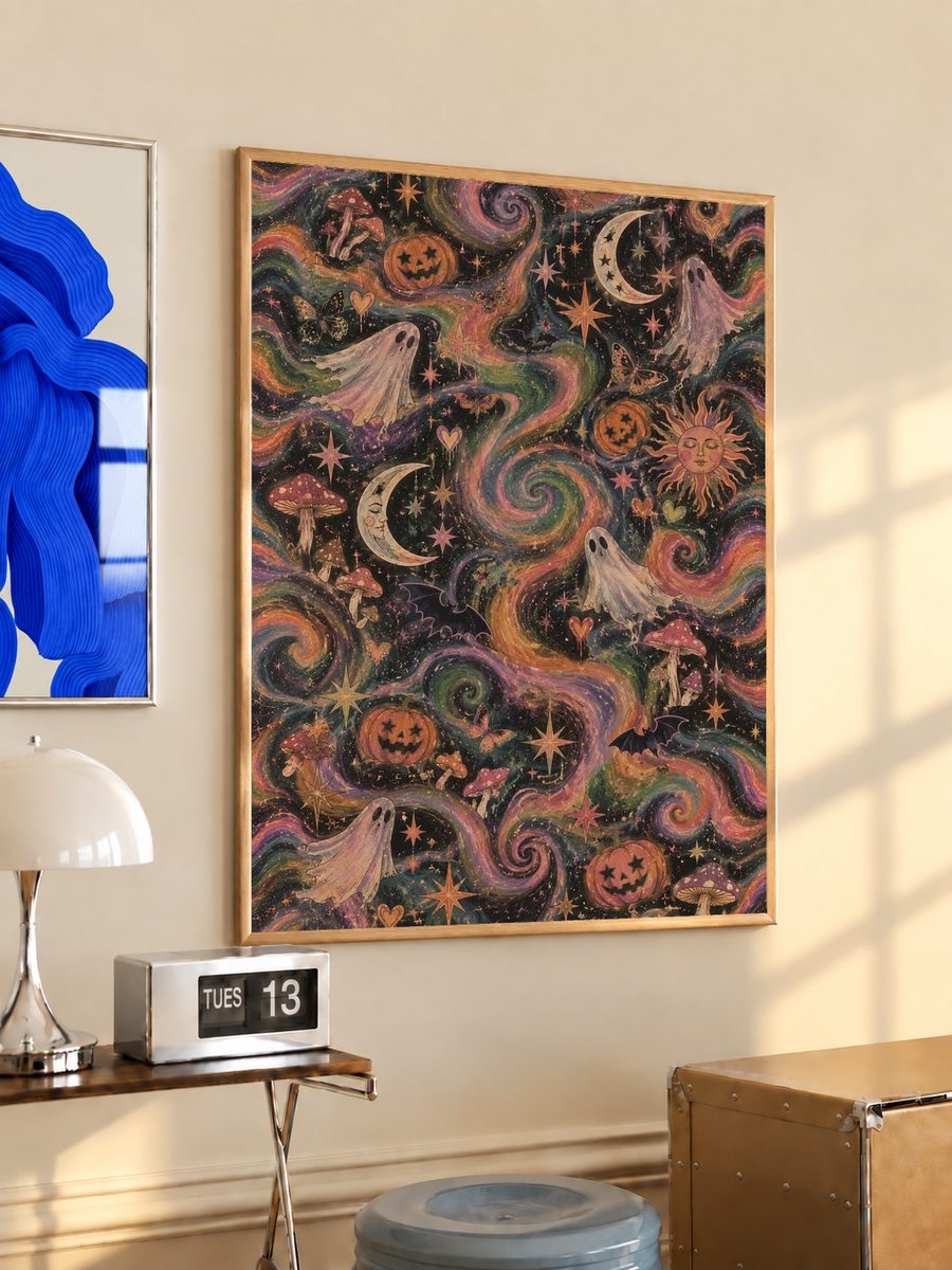 Framed Halloween poster featuring a ghost, pumpkins, crescent moons, and swirling psychedelic art.