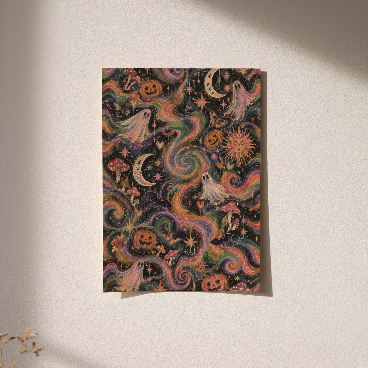 Halloween poster art with ghost silhouettes, pumpkins, crescent moons, and swirling spiral motifs.