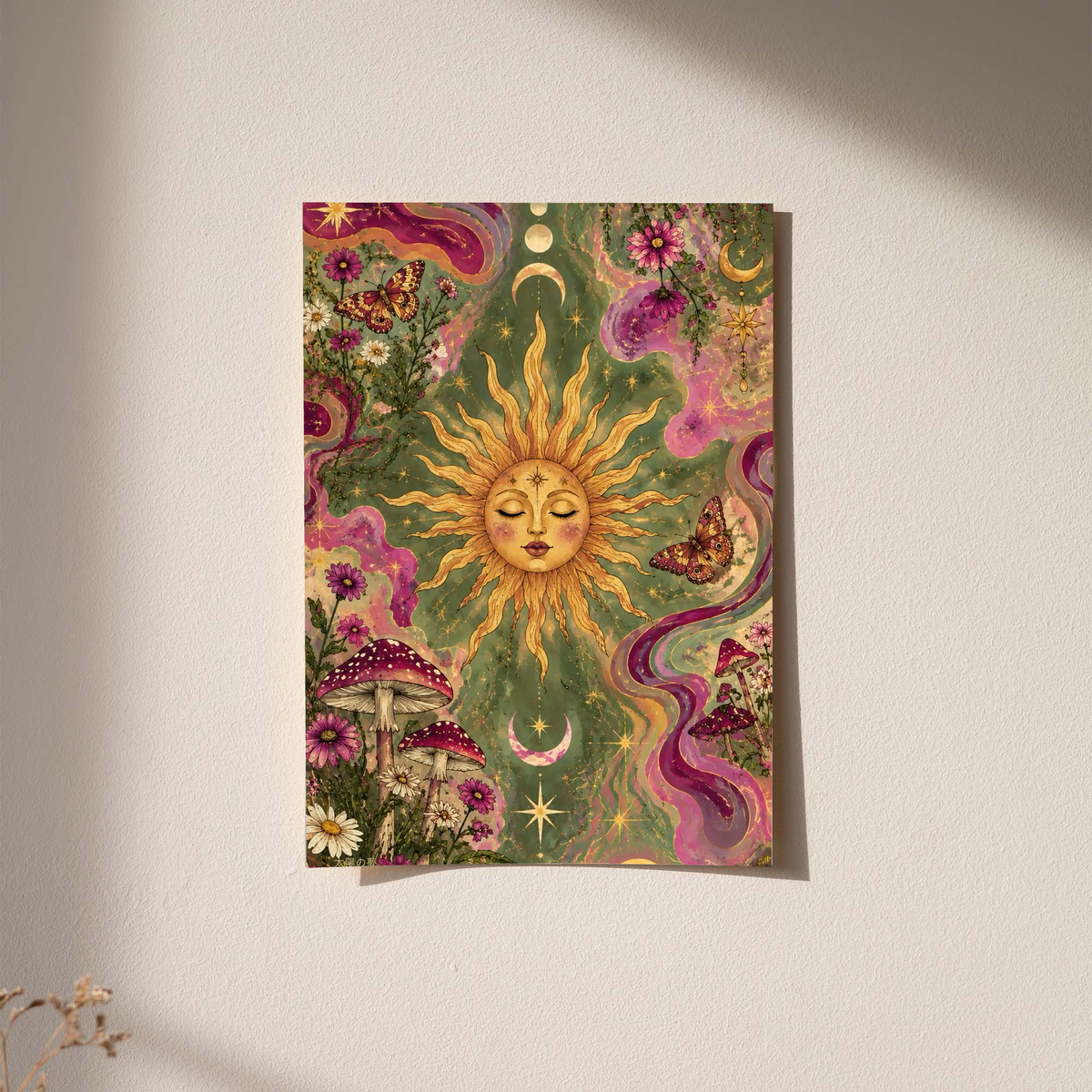 Celestial sun face, flowers and mushrooms as an unframed print against a pale plaster wall with soft shadows