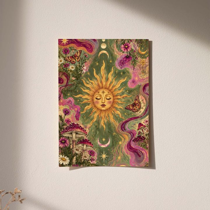 Celestial sun face, flowers and mushrooms as an unframed print against a pale plaster wall with soft shadows