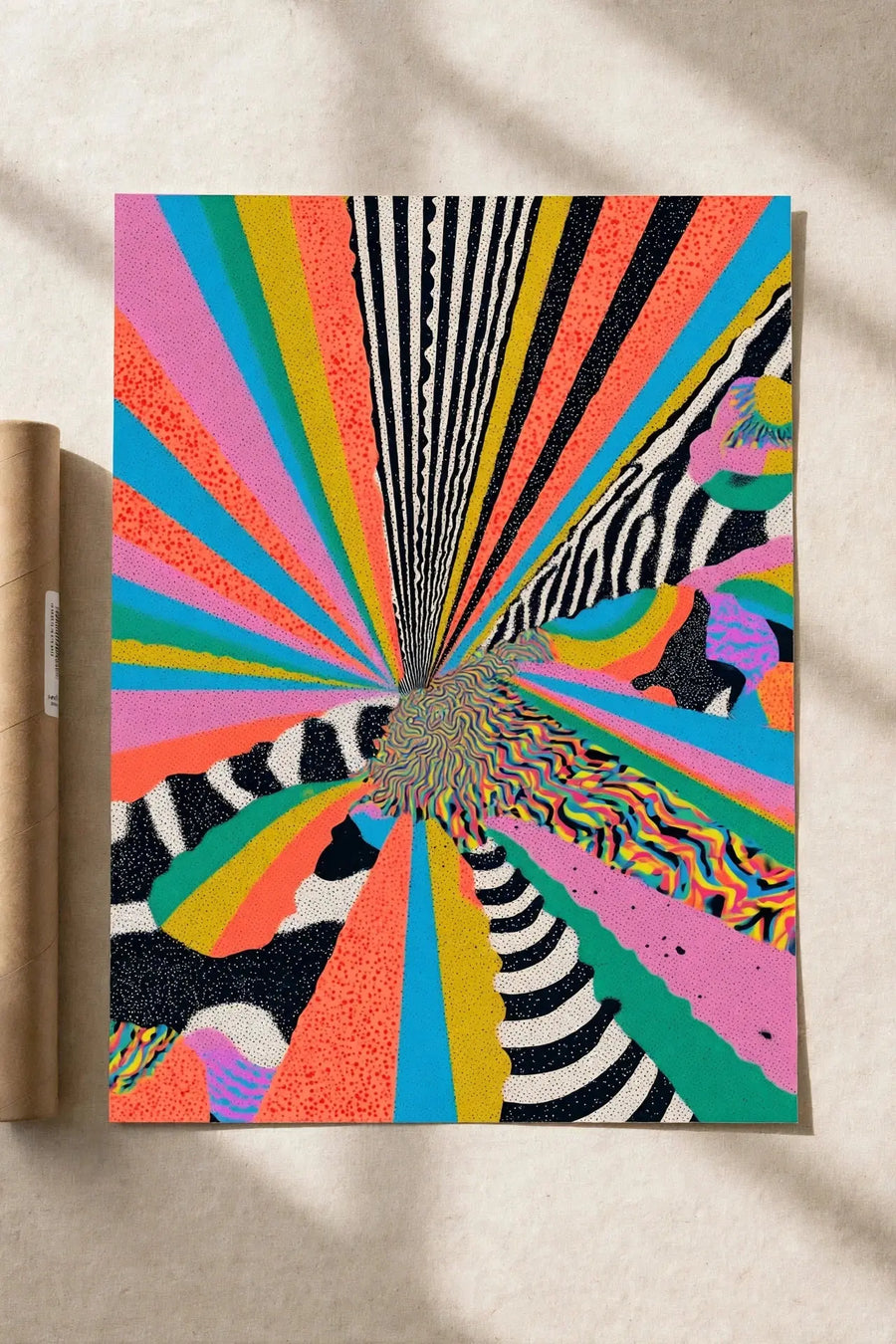 Colorful abstract print with rainbow rays and zebra-like curved stripes