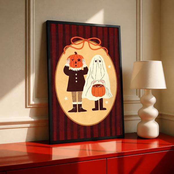 Black-framed Halloween poster with pumpkin-head character and ghost on red striped oval art