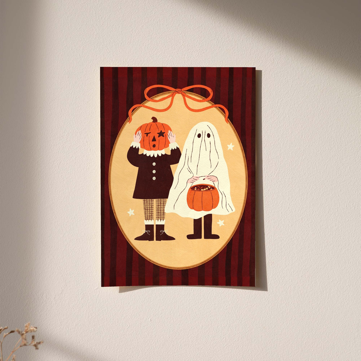 Halloween wall poster with pumpkin-head character and ghost on red striped oval background