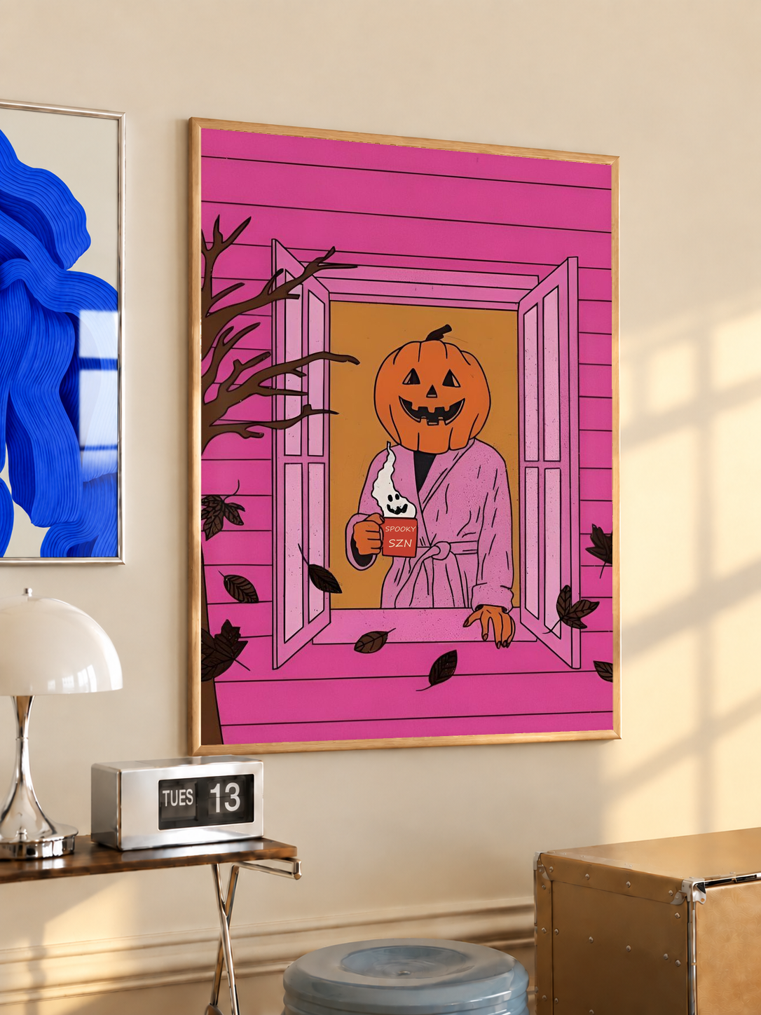 Framed Halloween poster, pink window doorway scene with jack-o'-lantern in bathrobe
