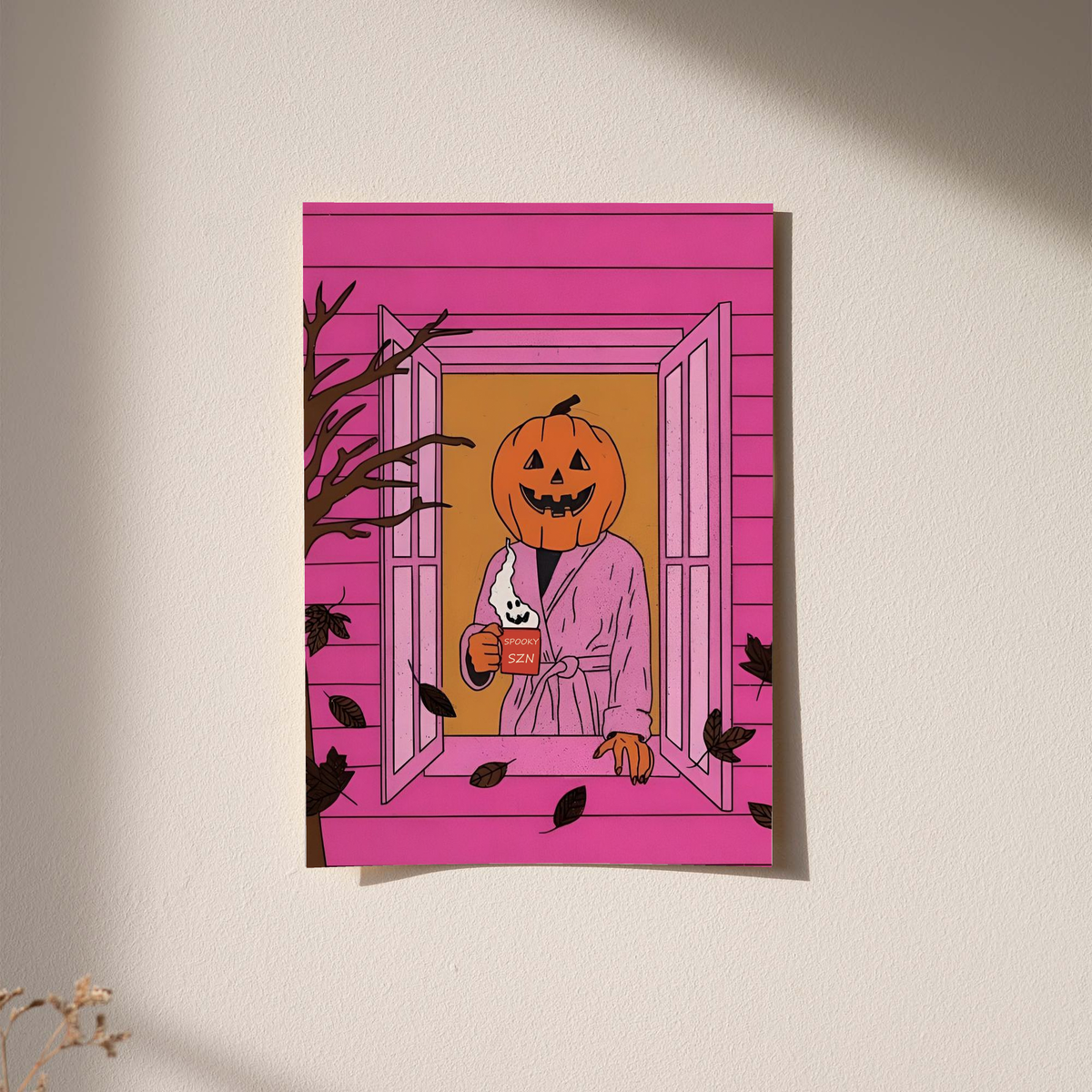Pink Halloween poster with simple border, jack-o'-lantern bathrobe character at pink window