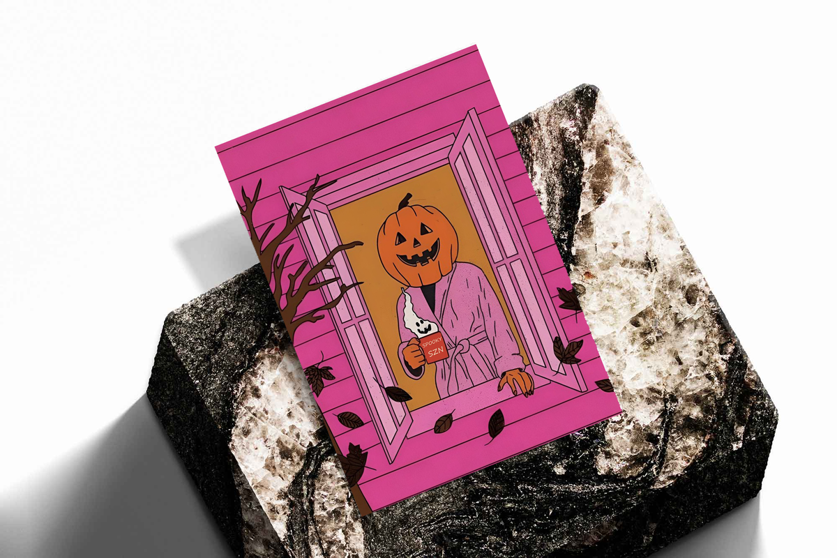 Hanging-style Halloween poster on dark rock with pink window scene and jack-o'-lantern bathrobe