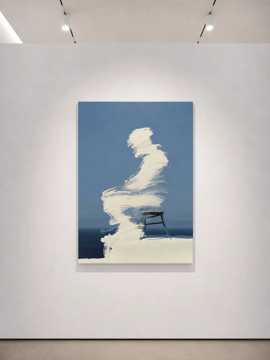 Impresión en lienzo de arte mural azul sin marco con silueta abstracta de silla en textura de pincel crema