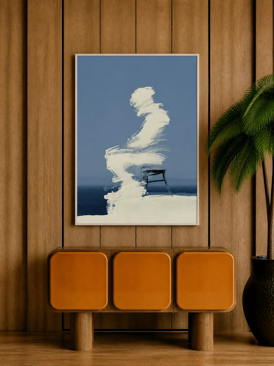 Framed wall art print con silueta abstracta de silla, cielo azul y pinceladas crema