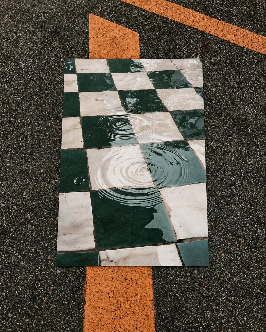 Blue ripple print with green-and-white checkerboard and circular water waves
