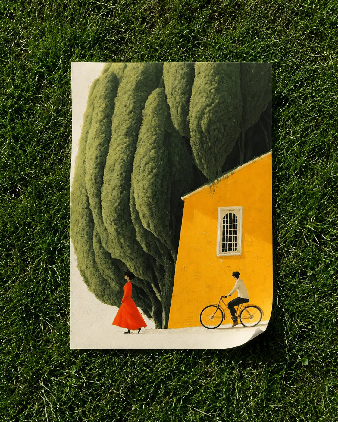 Quiet Street print featuring a yellow house, green tree canopy, red figure, and bicycle
