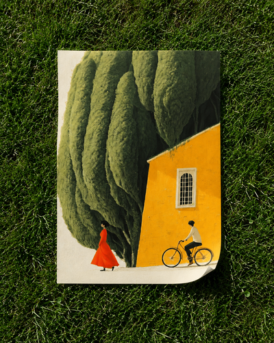 Quiet Street print featuring a yellow house, green tree canopy, red figure, and bicycle