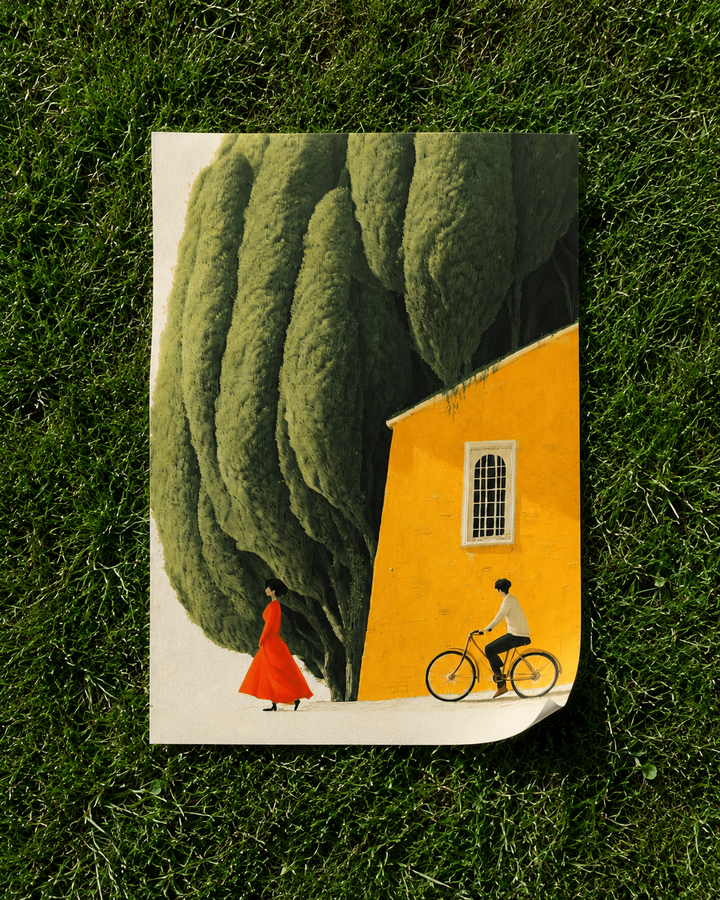 Quiet Street print featuring a yellow house, green tree canopy, red figure, and bicycle