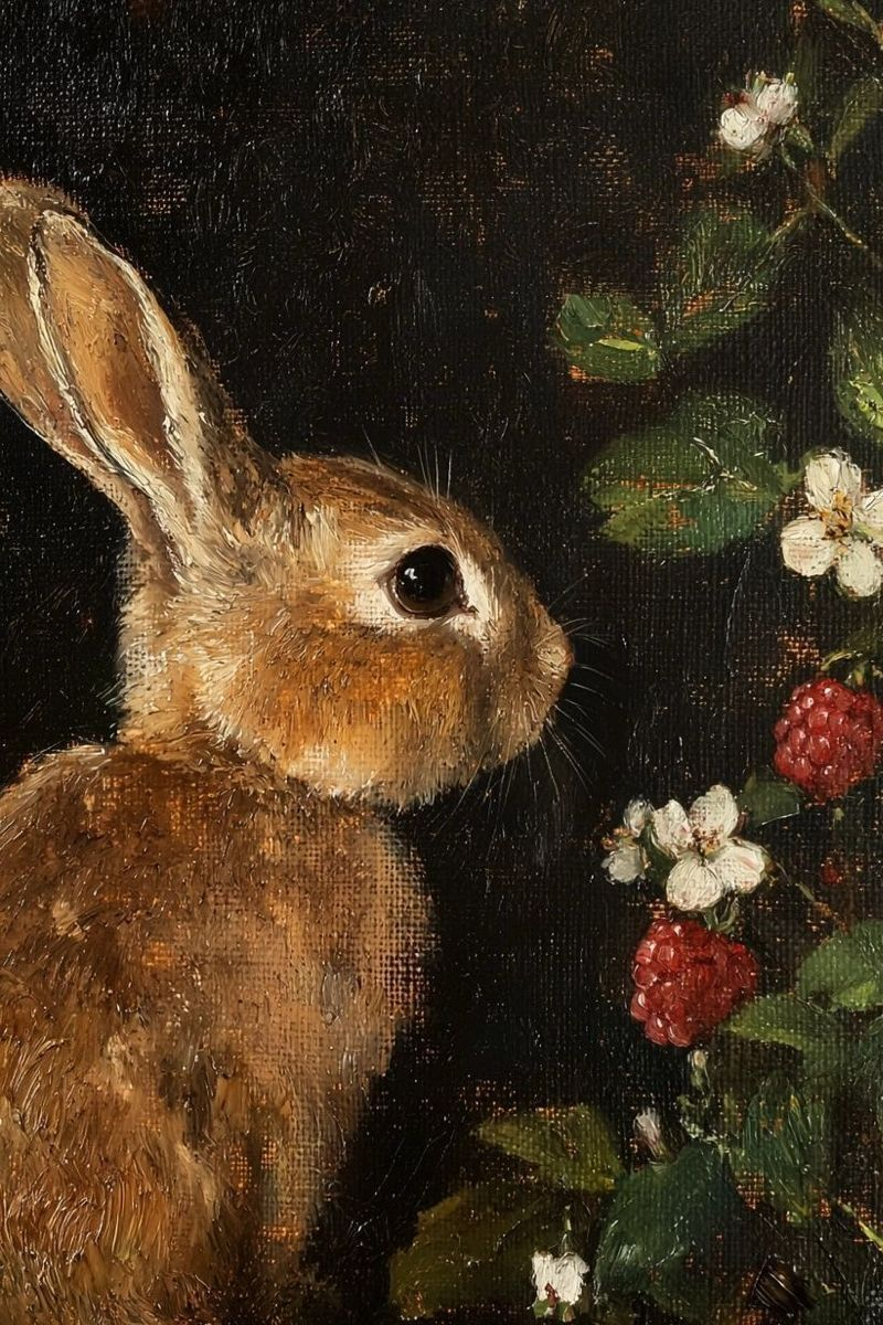Close-up rabbit face with flowers and berries in dark botanical artwork print.