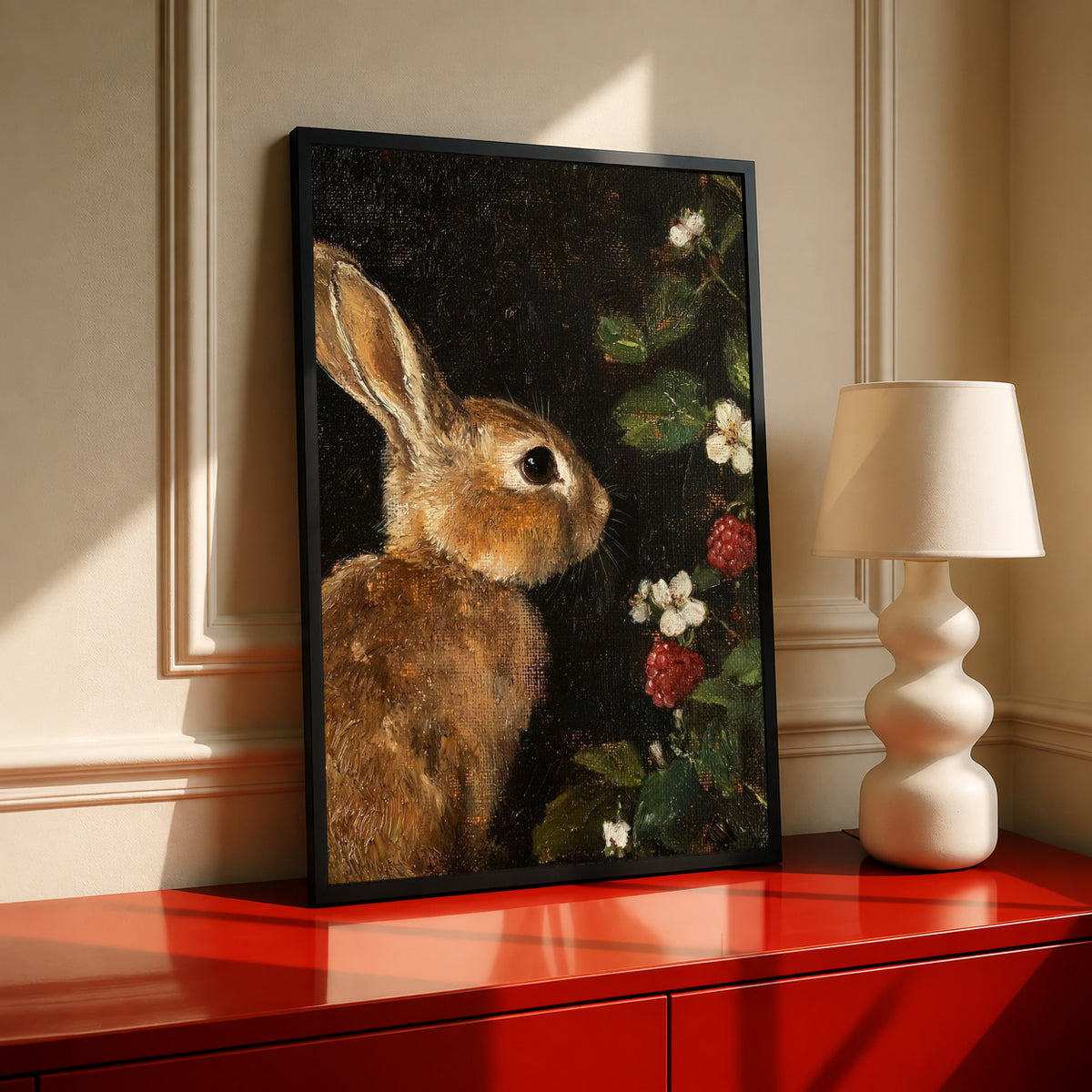 Framed rabbit botanical print in dark tones, displayed on cabinet with lamp.