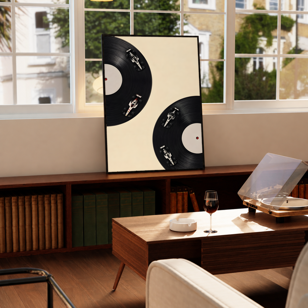 Four miniature race cars on the grooves of two black vinyl records against a cream background, styled in a black frame above a wood console with books and a record player