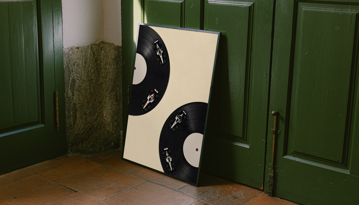 Four miniature race cars on the grooves of two black vinyl records against a cream background, styled in a black frame against dark green paneled doors above orange floor tiles