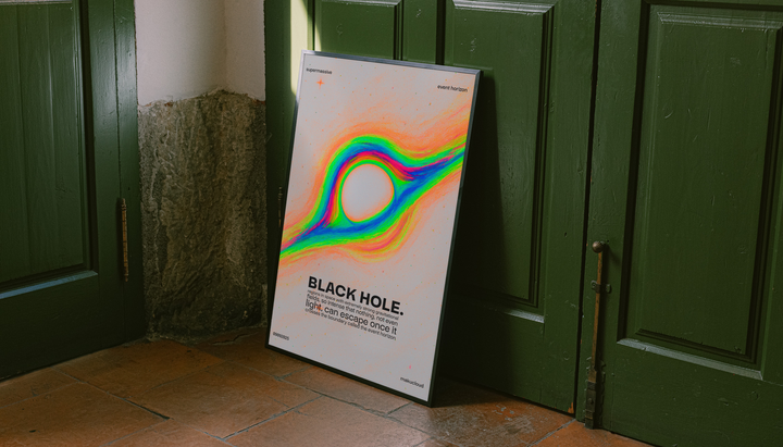 Rainbow Black Hole Poster shown as a canvas leaning beside green panels on a wooden floor.