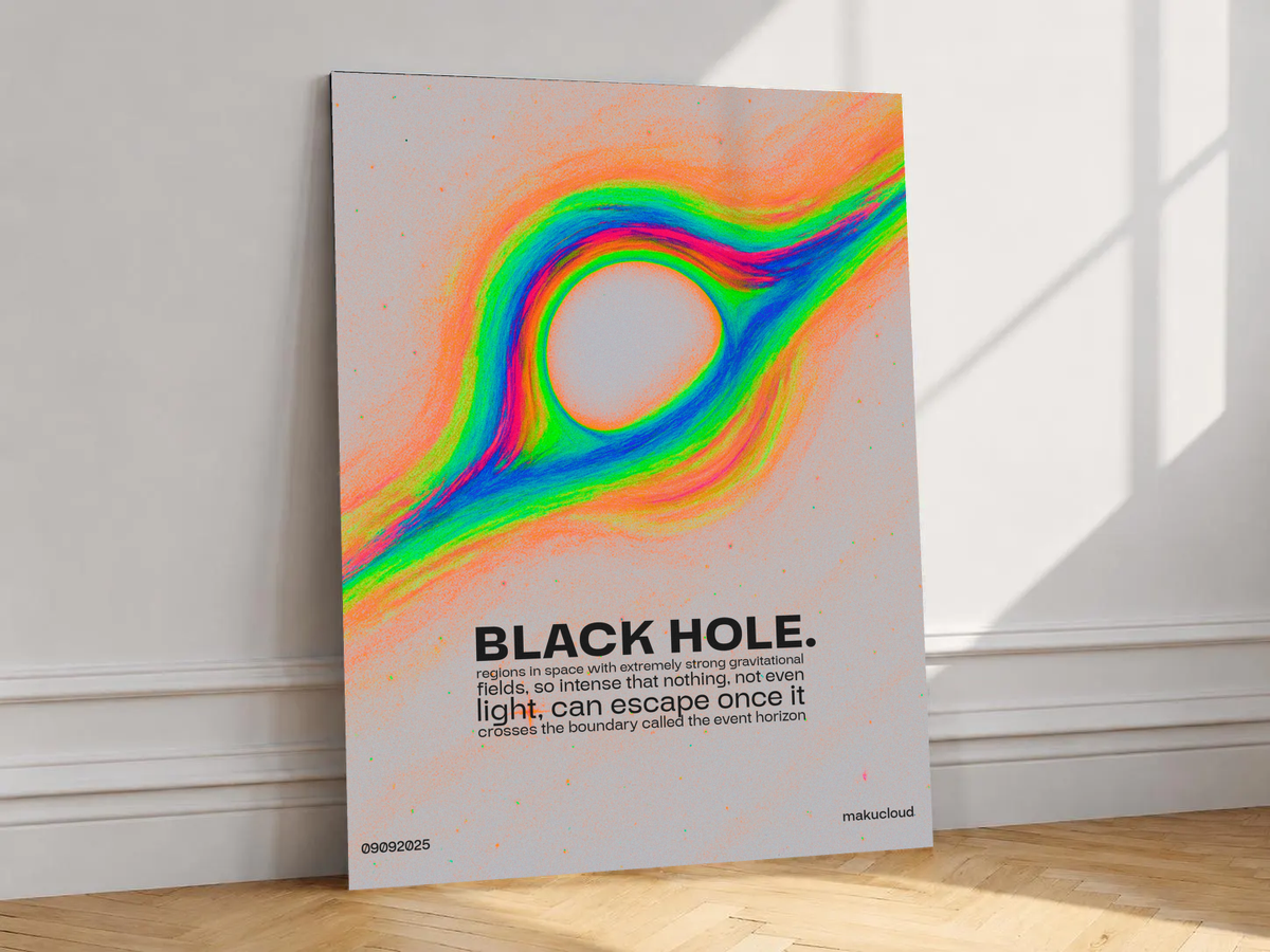 Canvas artwork depicting rainbow gravitational form around a black center on cream, leaning against a white wall in angled sunlight.