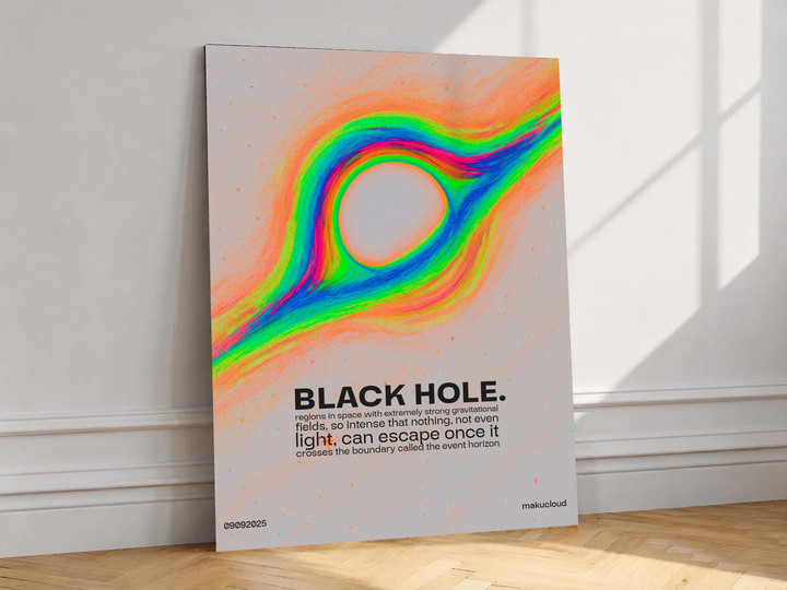 Canvas artwork depicting rainbow gravitational form around a black center on cream, leaning against a white wall in angled sunlight.