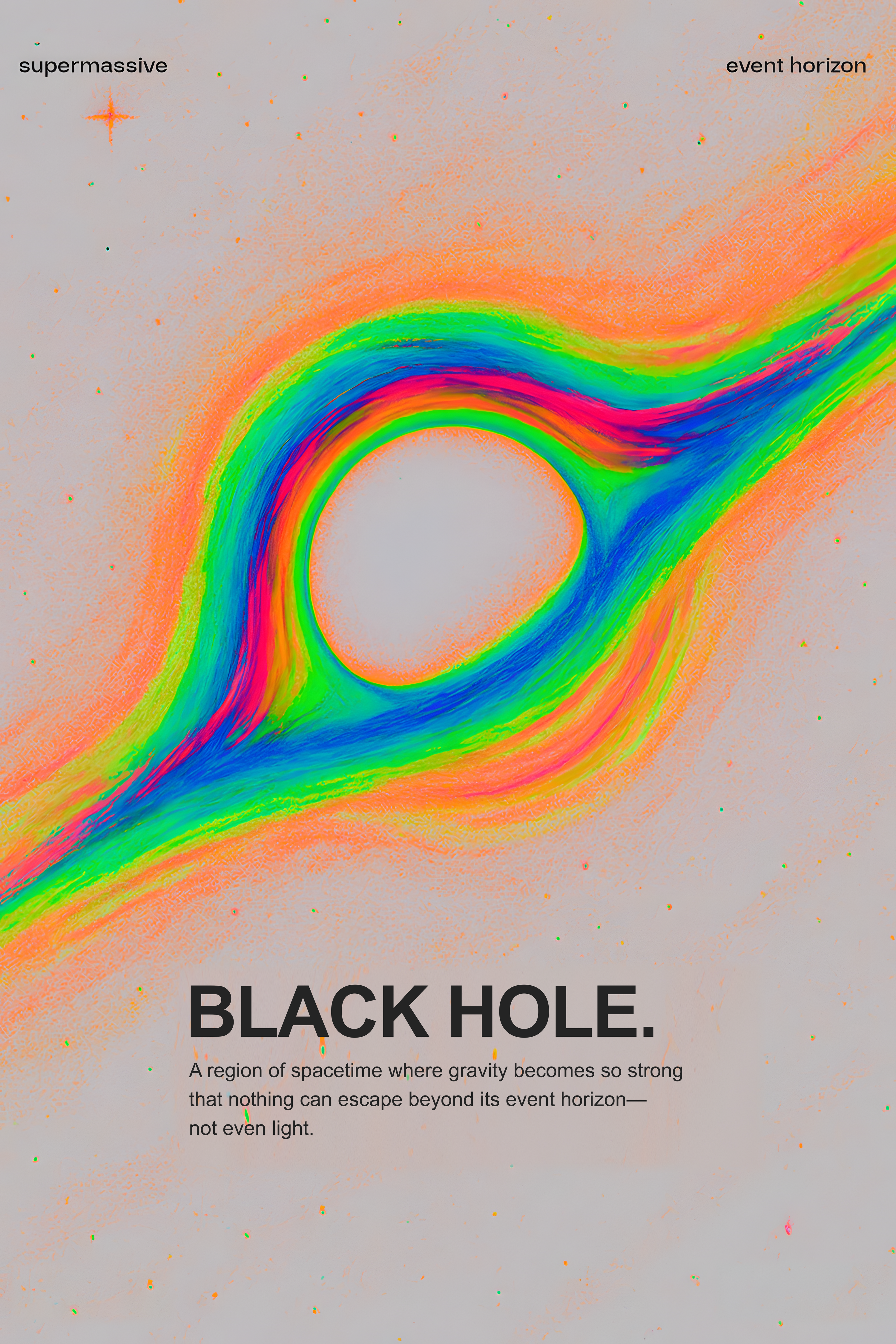 Black hole poster close-up with rainbow rings around a light circle on cream paper