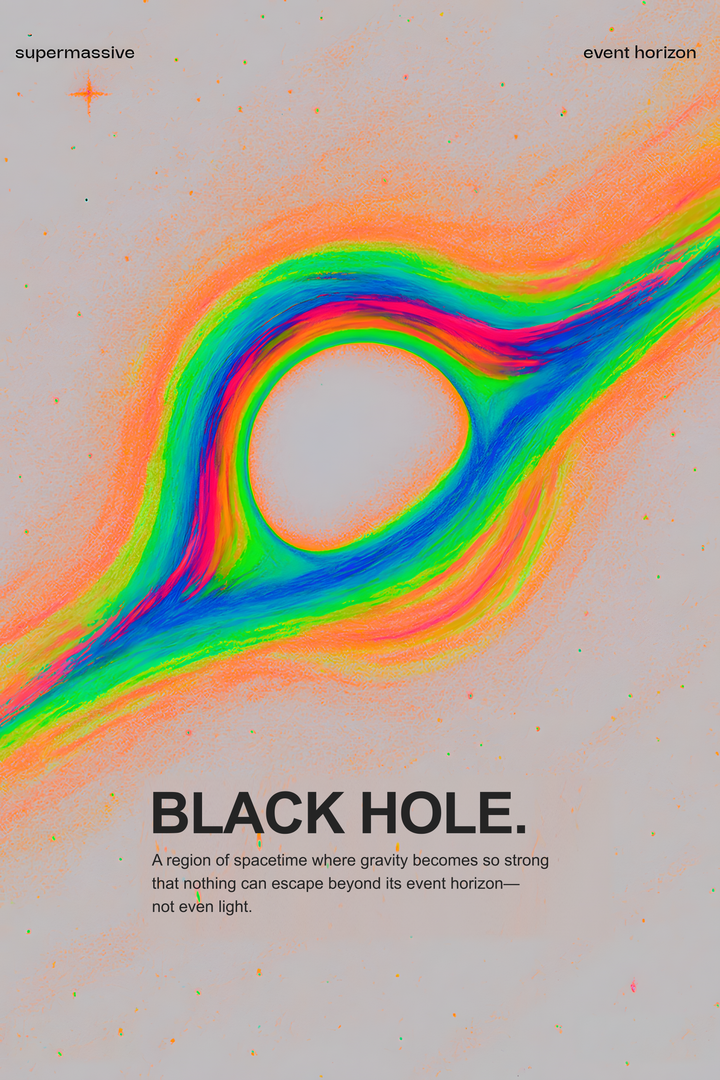 Rainbow gravitational form around a black center on cream in cream, gray, black with supermassive lettering.