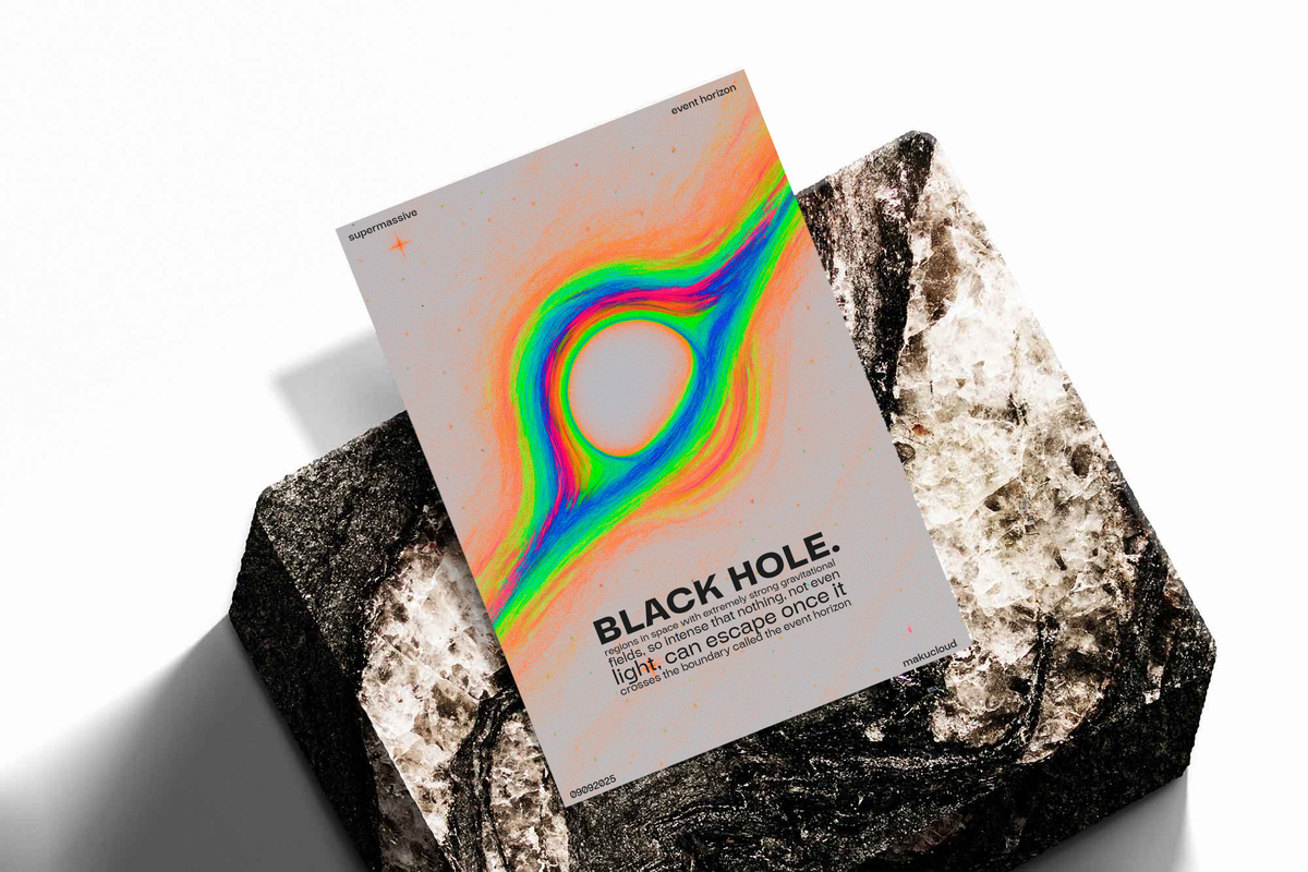 Unframed artwork depicting rainbow gravitational form around a black center on cream, presented diagonally on rough stone.