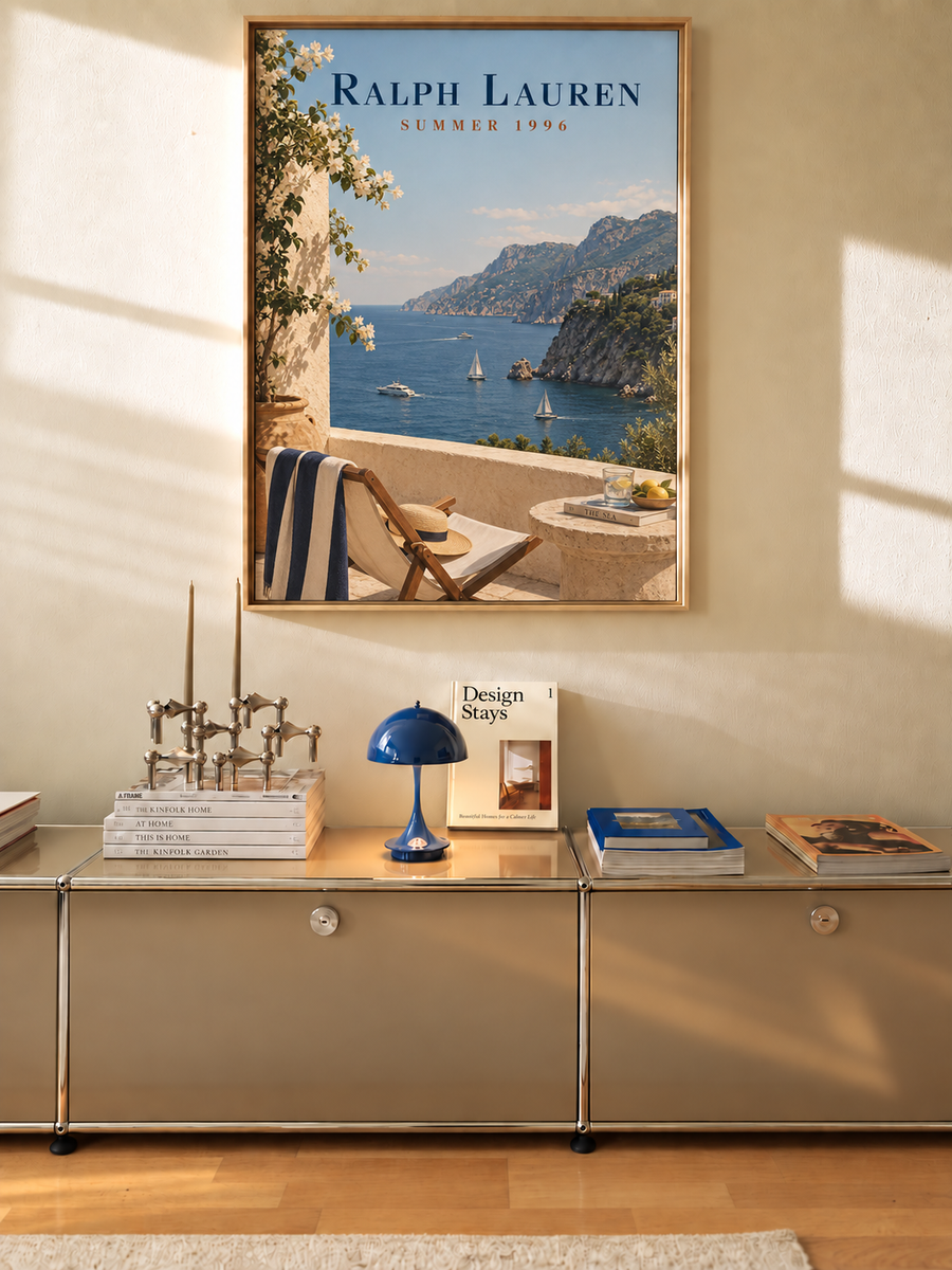 Framed Mediterranean wall art poster with sailboats, mountains, and 'Ralph Lauren Summer 1996'