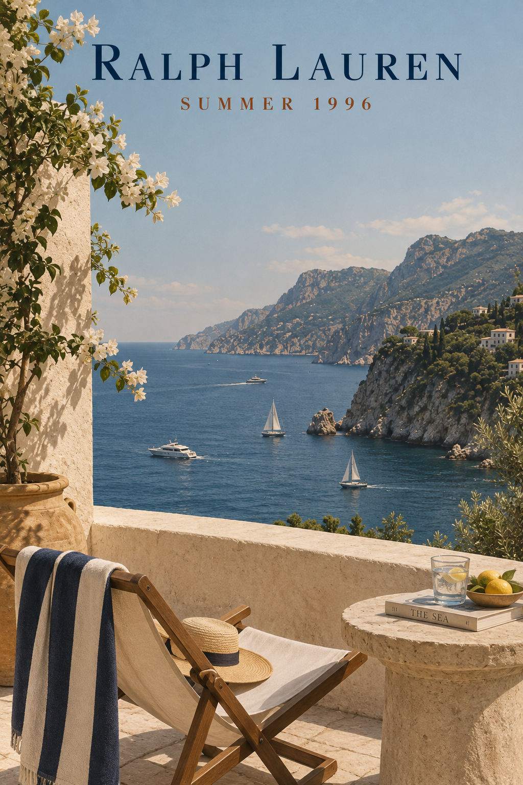 Mediterranean wall art poster with sailboats, cliffs, and 'Ralph Lauren Summer 1996' text