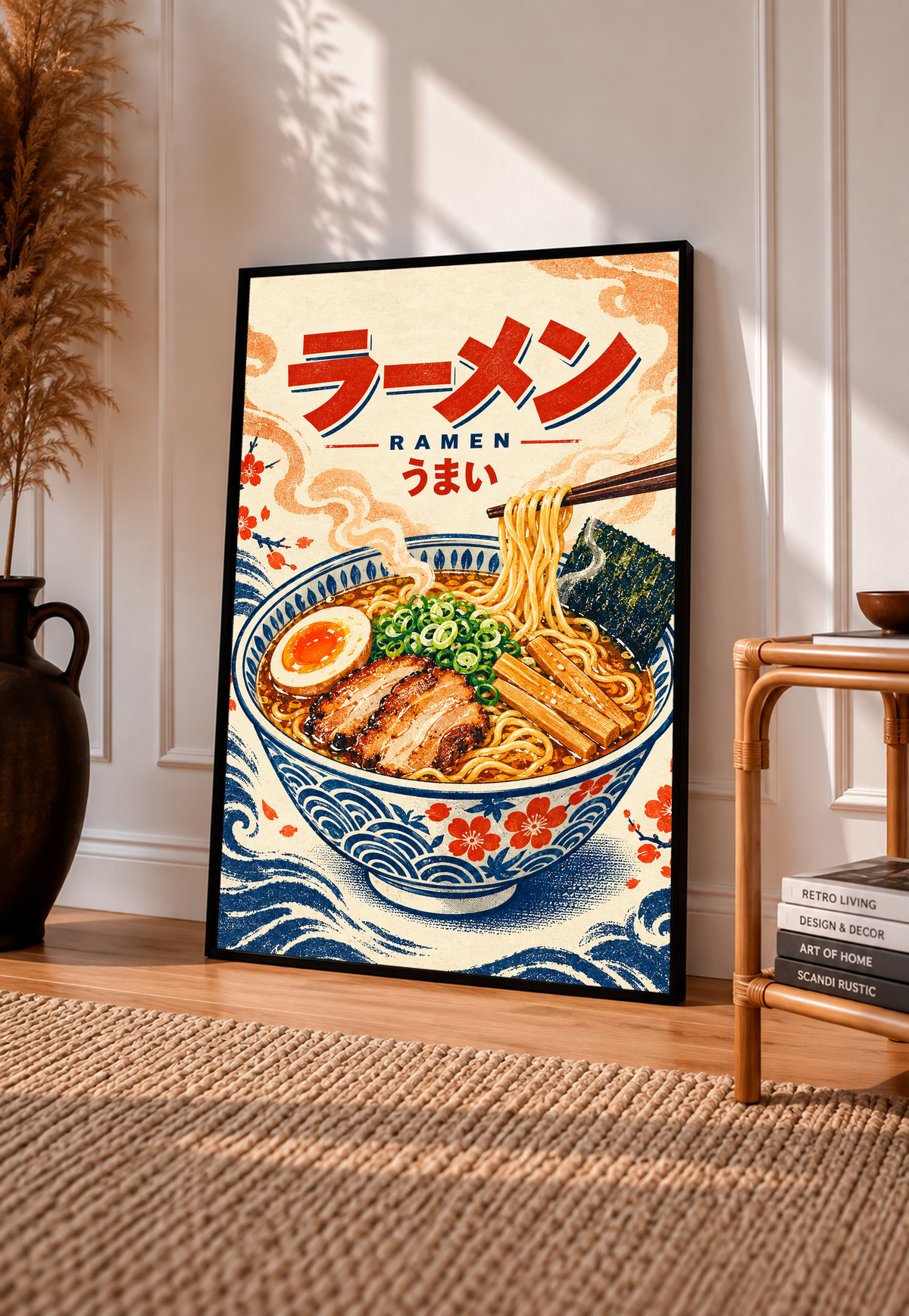 Framed ramen bowl poster featuring chopsticks and Japanese lettering