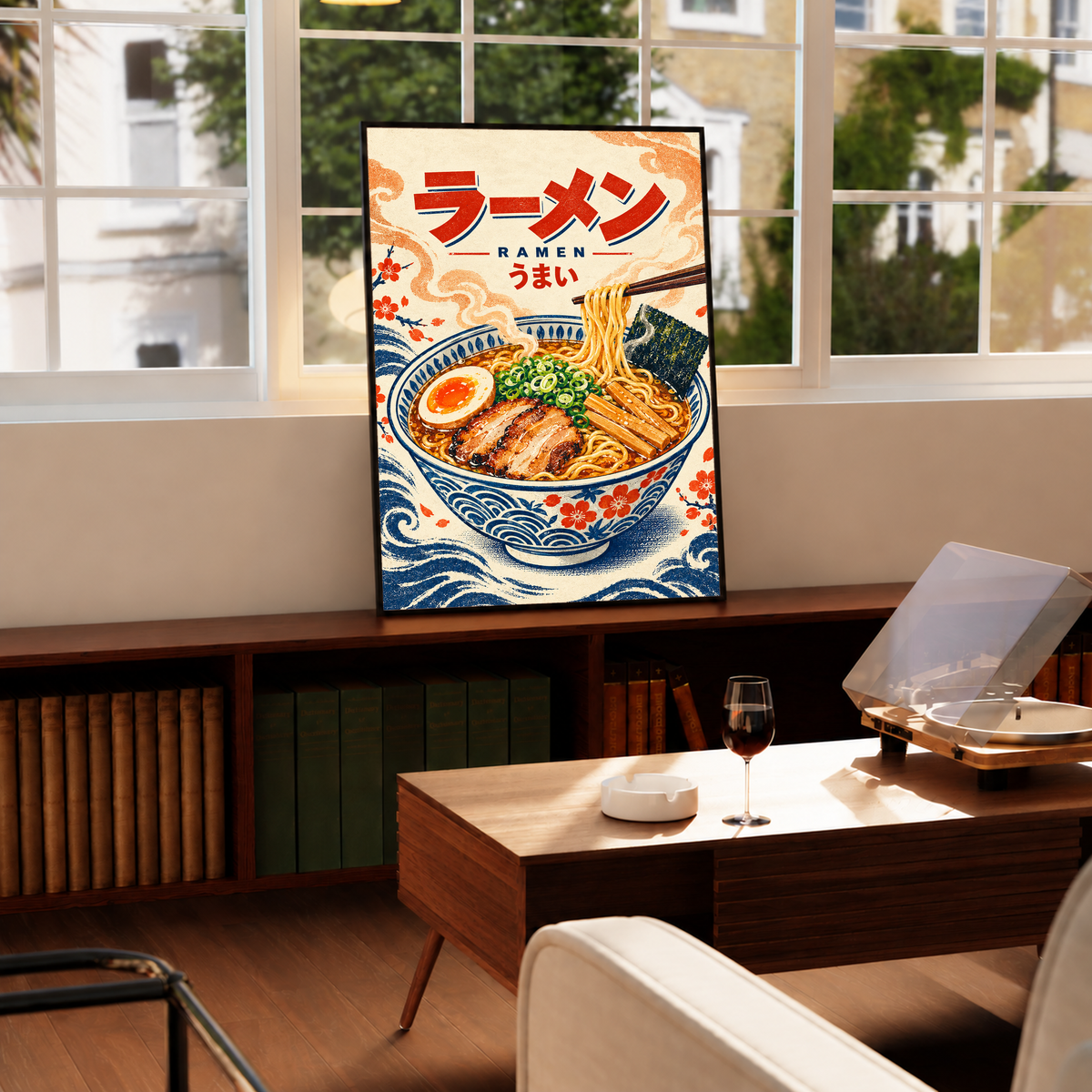 Framed ramen bowl poster on a console table with chopsticks and Japanese lettering