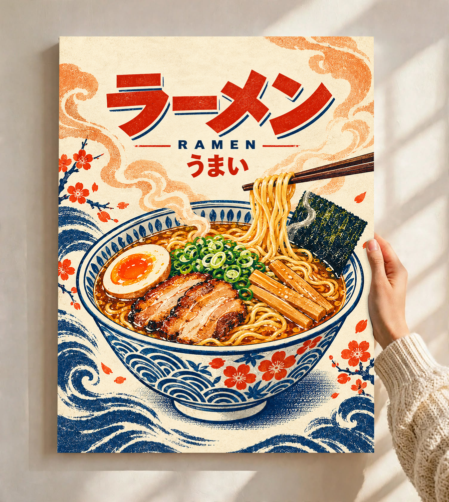 Unframed ramen bowl poster with chopsticks and Japanese lettering