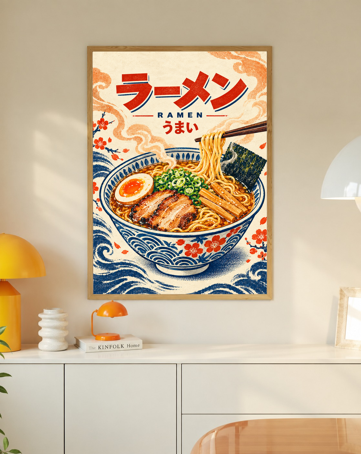 Framed ramen bowl poster with chopsticks, egg, and Japanese lettering