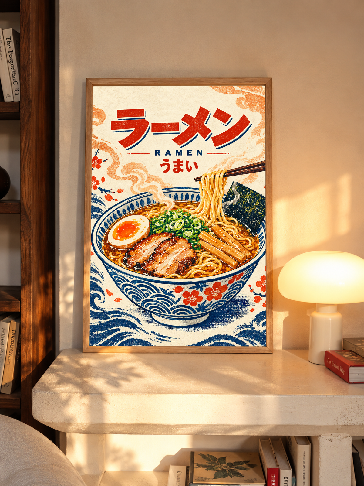 Framed ramen bowl poster with chopsticks and Japanese lettering on a shelf