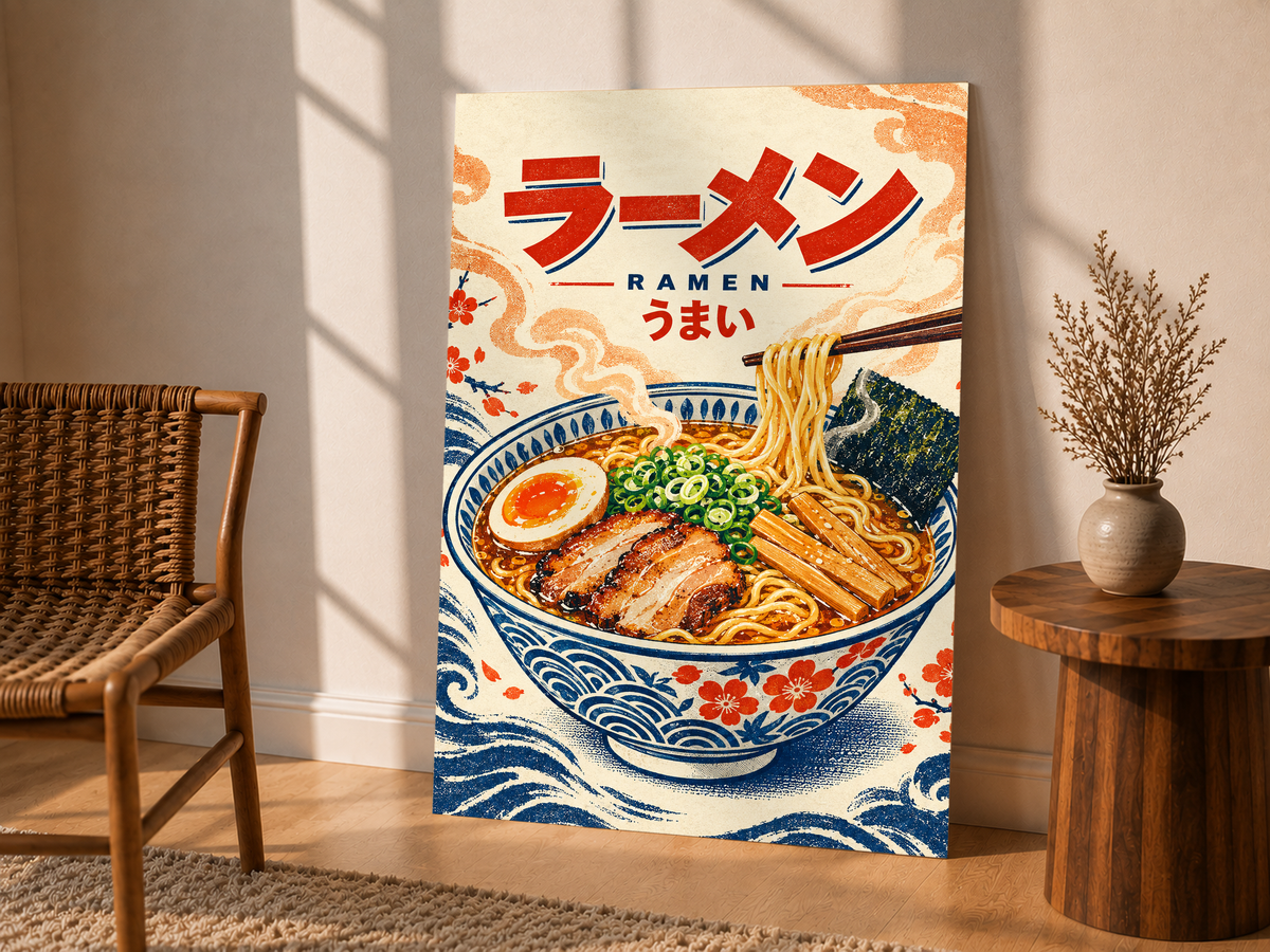 Ramen bowl poster with blue wave border and Japanese lettering, noodles and egg