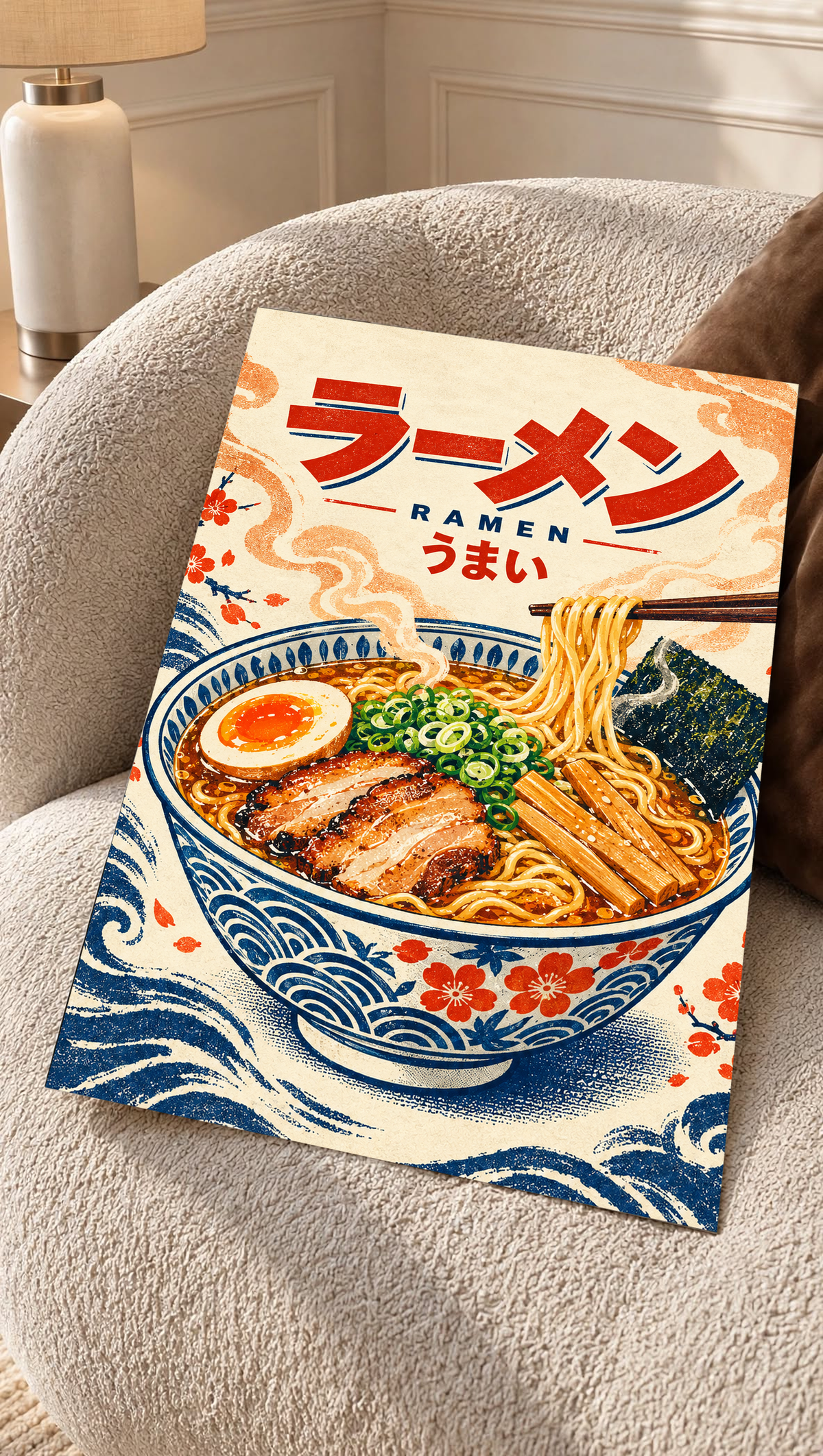 Ramen bowl poster on a sofa cushion with chopsticks and Japanese lettering