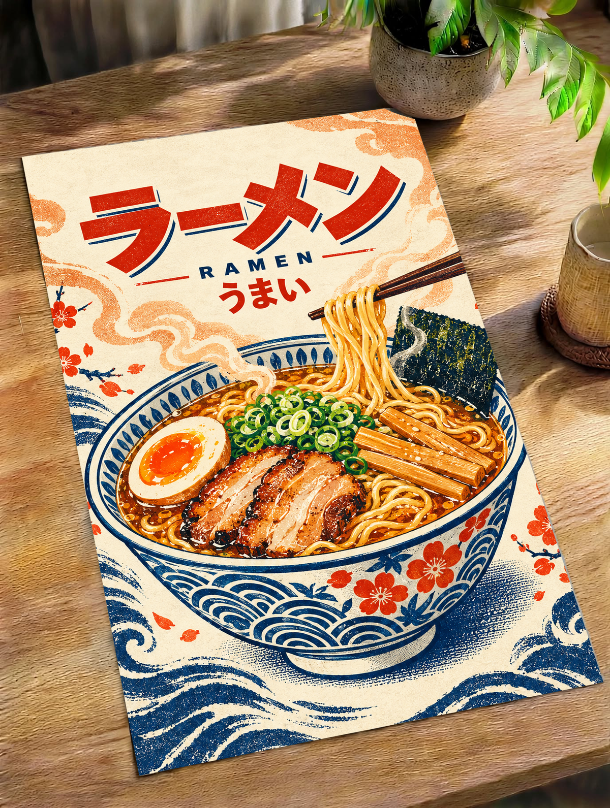 Close-up ramen bowl poster print with chopsticks, egg, seaweed, and Japanese text