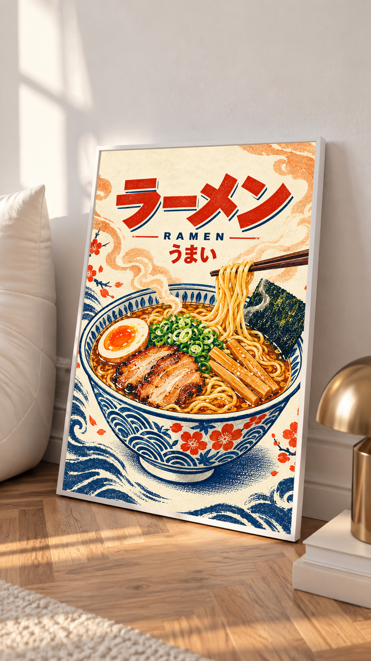 Framed ramen bowl wall art with chopsticks, egg, and Japanese text